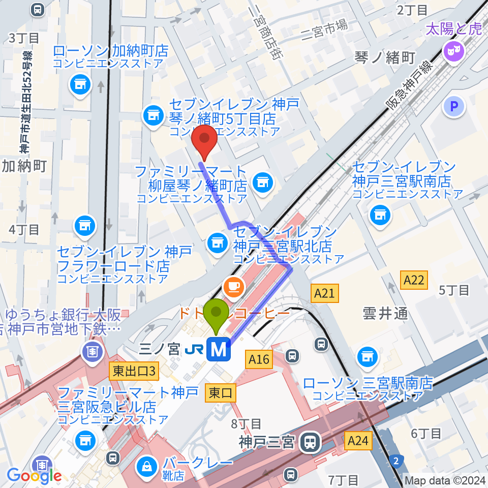 神戸三宮シアター・エートーの最寄駅三ノ宮駅からの徒歩ルート（約3分）地図