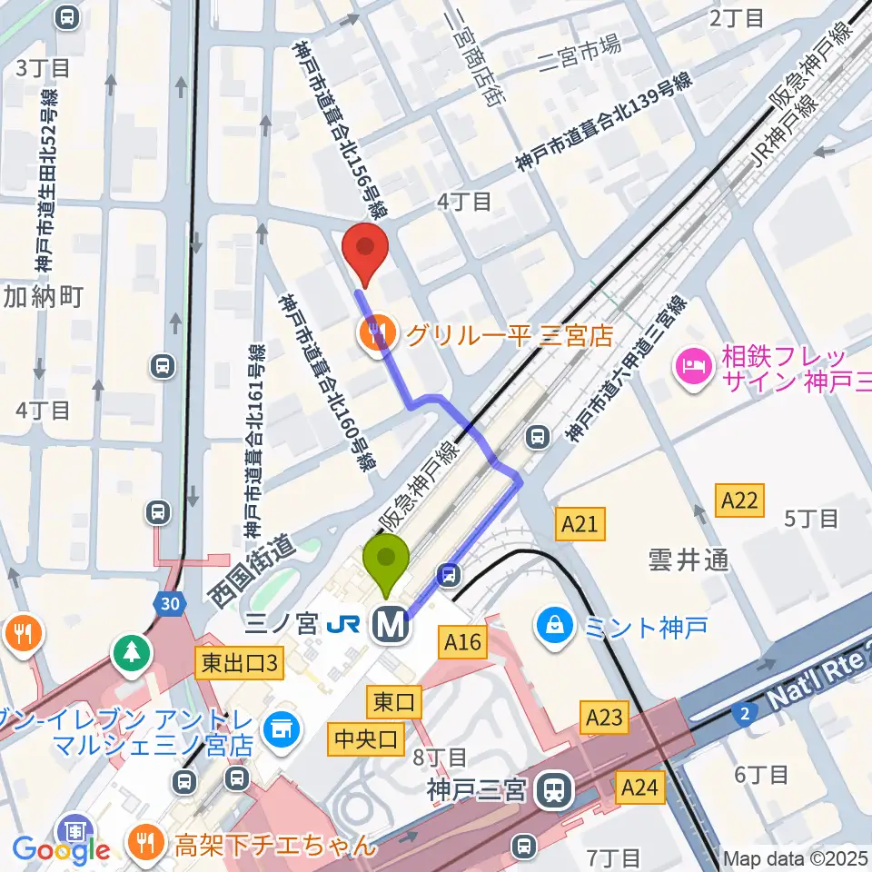 神戸三宮シアター・エートーの最寄駅三ノ宮駅からの徒歩ルート（約3分）地図