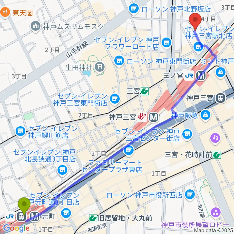 元町駅から神戸三宮シアター・エートーへのルートマップ地図