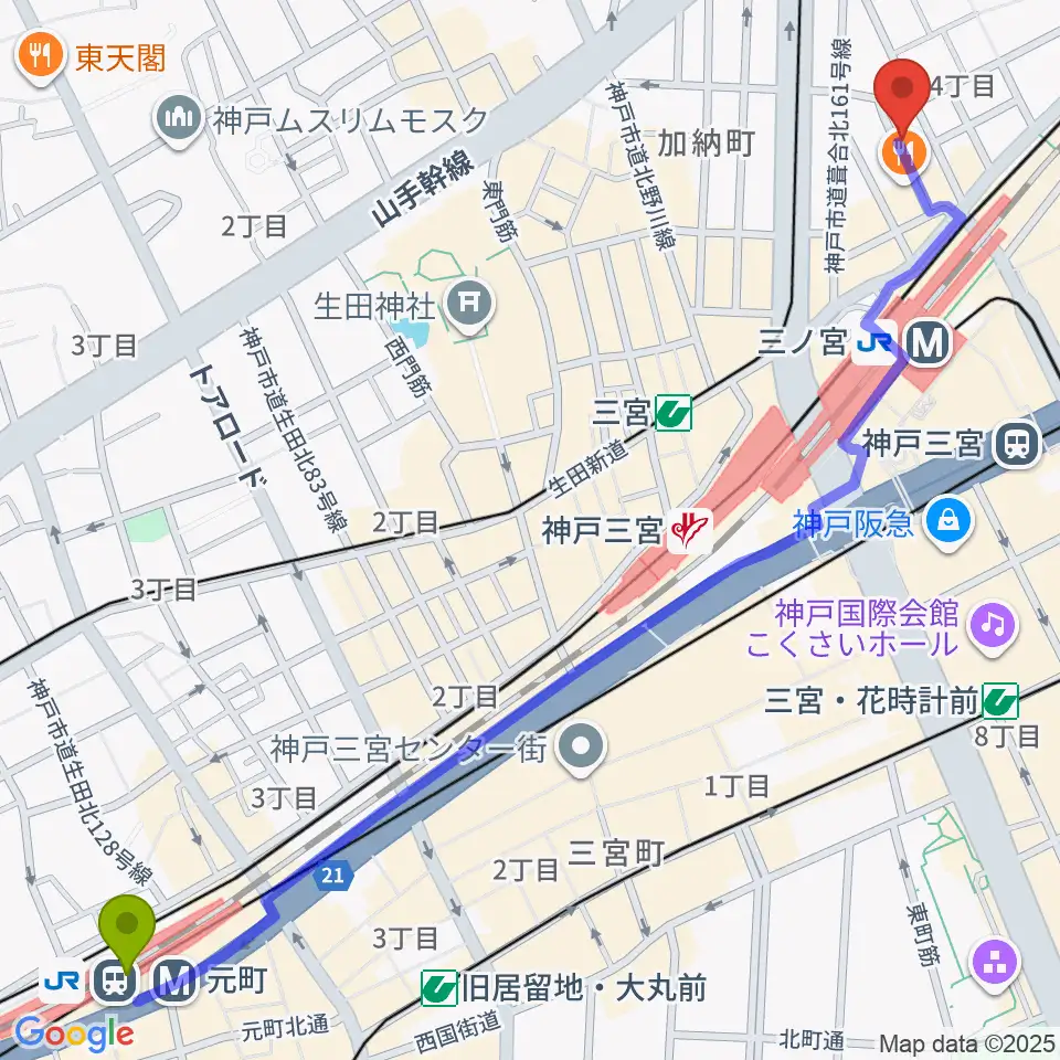 元町駅から神戸三宮シアター・エートーへのルートマップ地図