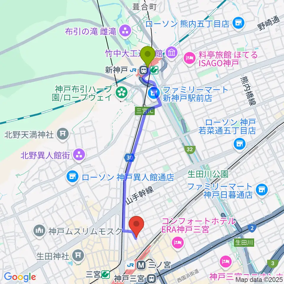 新神戸駅から神戸三宮シアター・エートーへのルートマップ地図