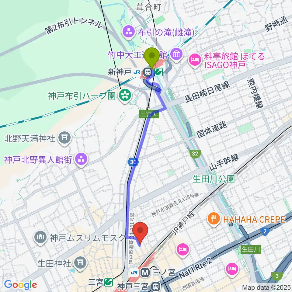 新神戸駅から神戸三宮シアター・エートーへのルートマップ地図