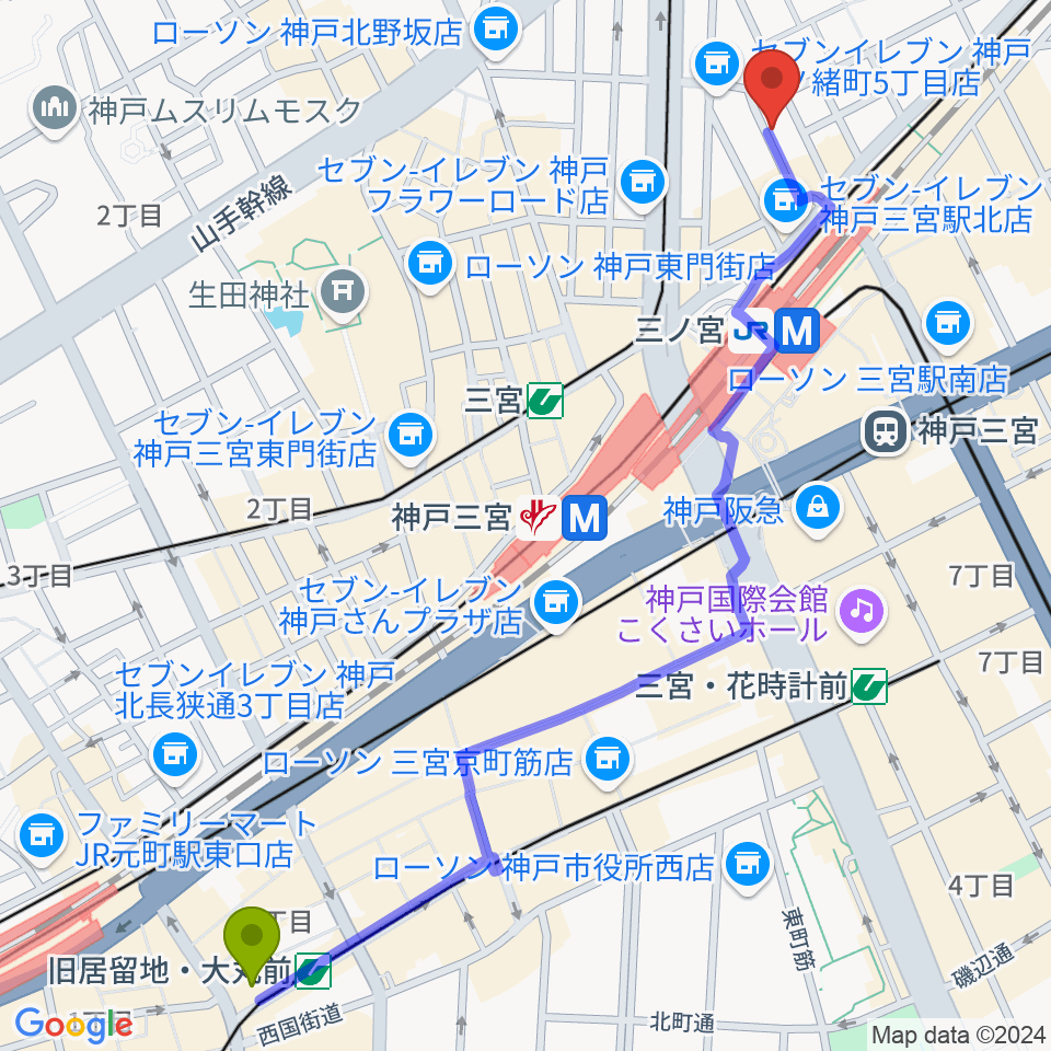 旧居留地・大丸前駅から神戸三宮シアター・エートーへのルートマップ地図