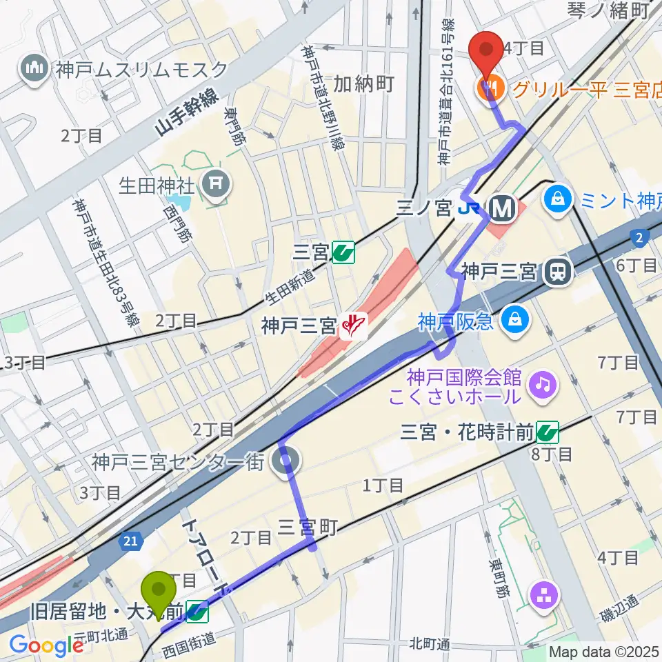 旧居留地・大丸前駅から神戸三宮シアター・エートーへのルートマップ地図