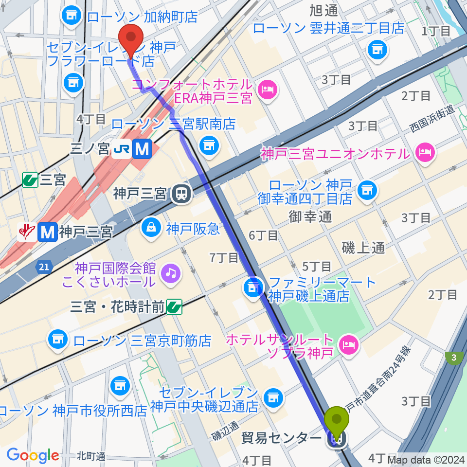 貿易センター駅から神戸三宮シアター・エートーへのルートマップ地図