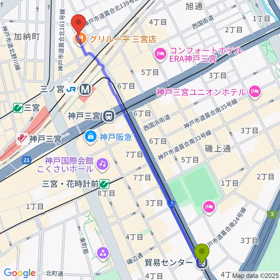 貿易センター駅から神戸三宮シアター・エートーへのルートマップ地図