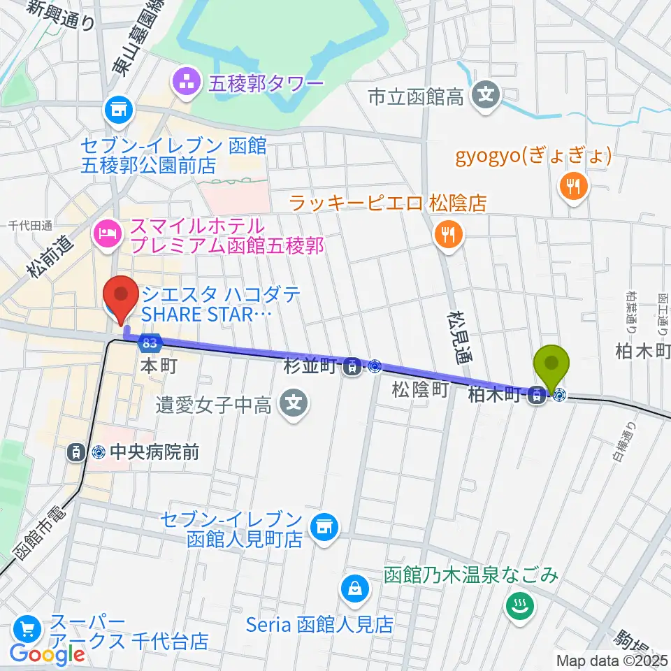 柏木町駅からGスクエア（函館コミュニティプラザ）へのルートマップ地図