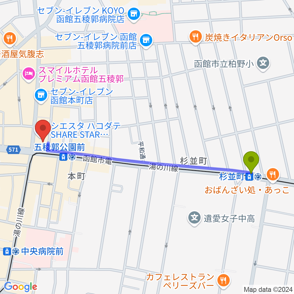 杉並町駅からGスクエア（函館コミュニティプラザ）へのルートマップ地図