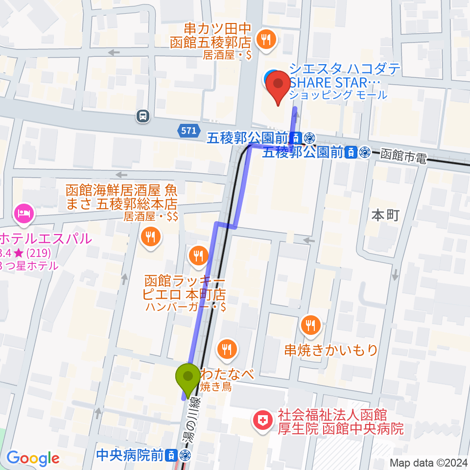 中央病院前駅からGスクエア（函館コミュニティプラザ）へのルートマップ地図