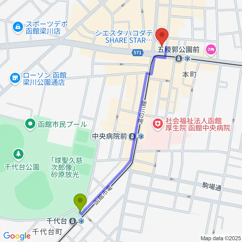 千代台駅からGスクエア（函館コミュニティプラザ）へのルートマップ地図