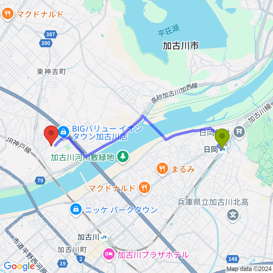 日岡駅から森岡楽器 加古川店ウィンズサテライトへのルートマップ地図