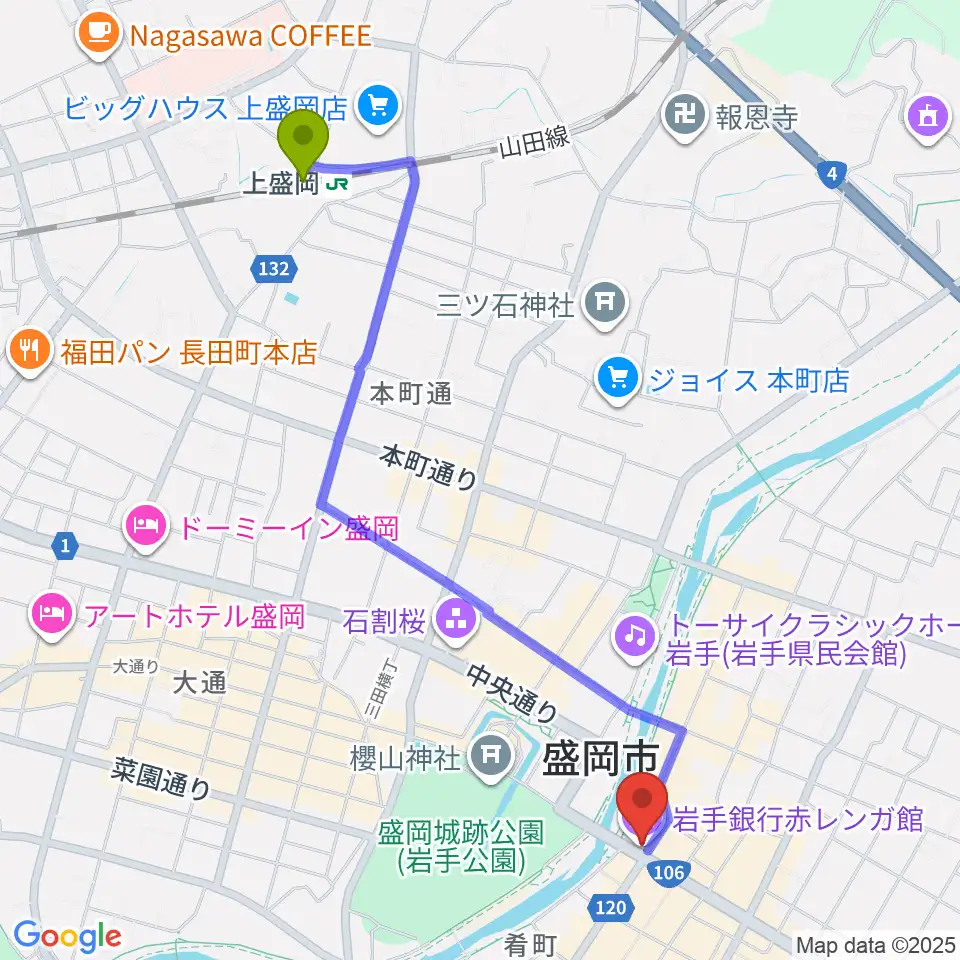 岩手銀行赤レンガ館の最寄駅上盛岡駅からの徒歩ルート（約23分）地図