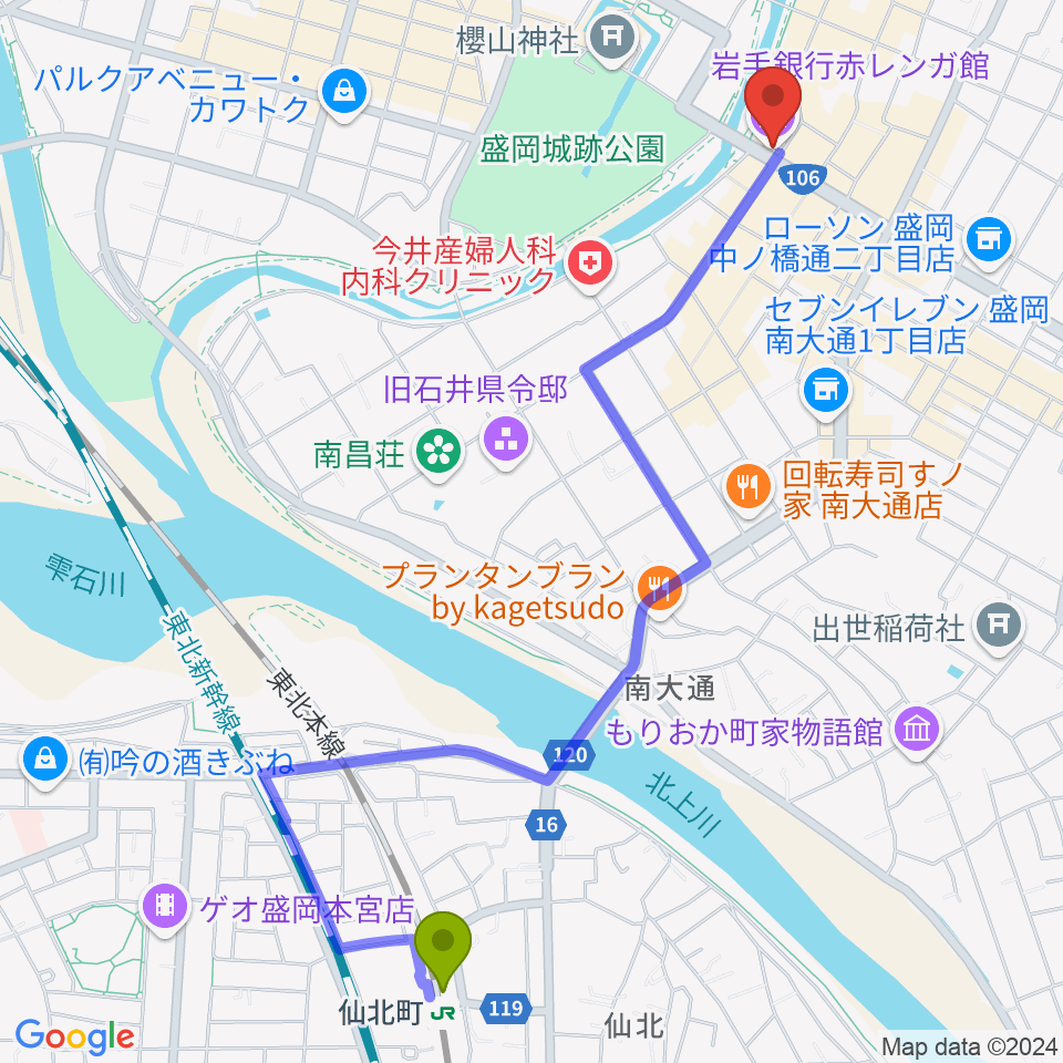 仙北町駅から岩手銀行赤レンガ館へのルートマップ地図