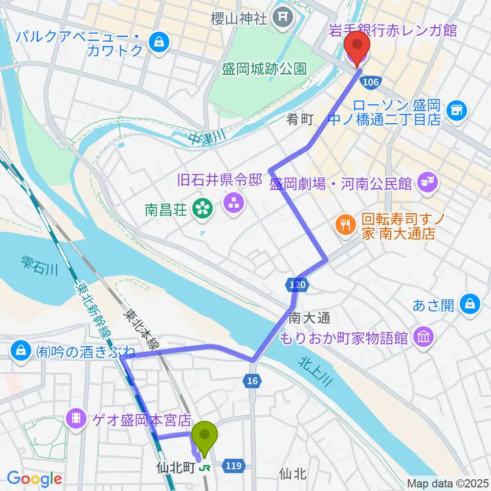 仙北町駅から岩手銀行赤レンガ館へのルートマップ地図