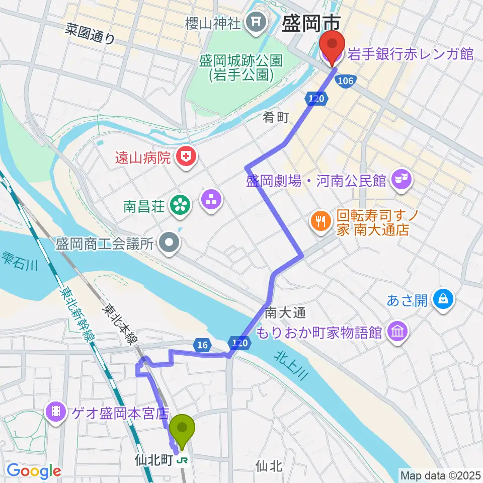仙北町駅から岩手銀行赤レンガ館へのルートマップ地図