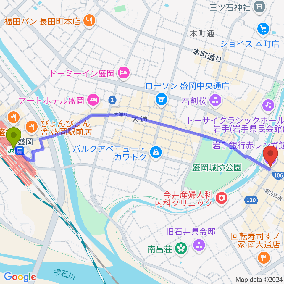 盛岡駅から岩手銀行赤レンガ館へのルートマップ地図