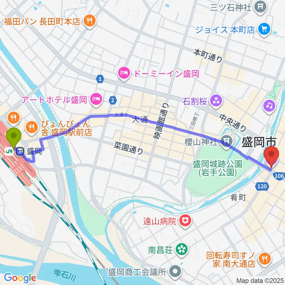 盛岡駅から岩手銀行赤レンガ館へのルートマップ地図