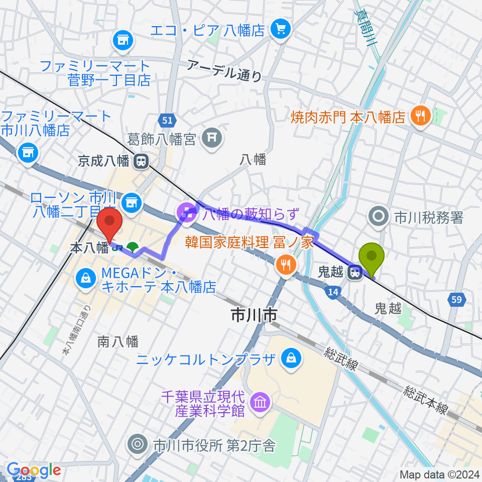 鬼越駅から本八幡B-flatへのルートマップ地図