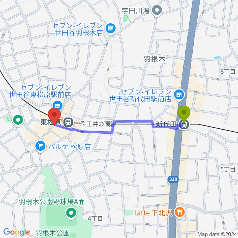 新代田駅からmusic studio MAYSへのルートマップ地図