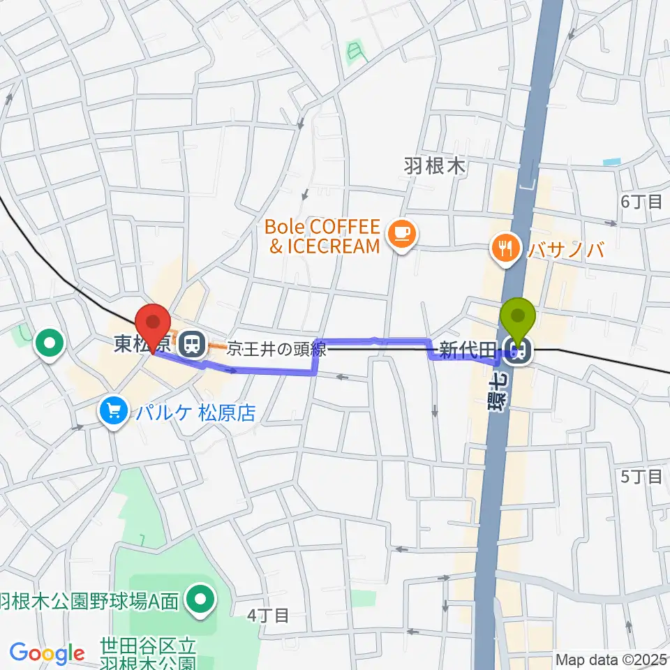 新代田駅からmusic studio MAYSへのルートマップ地図