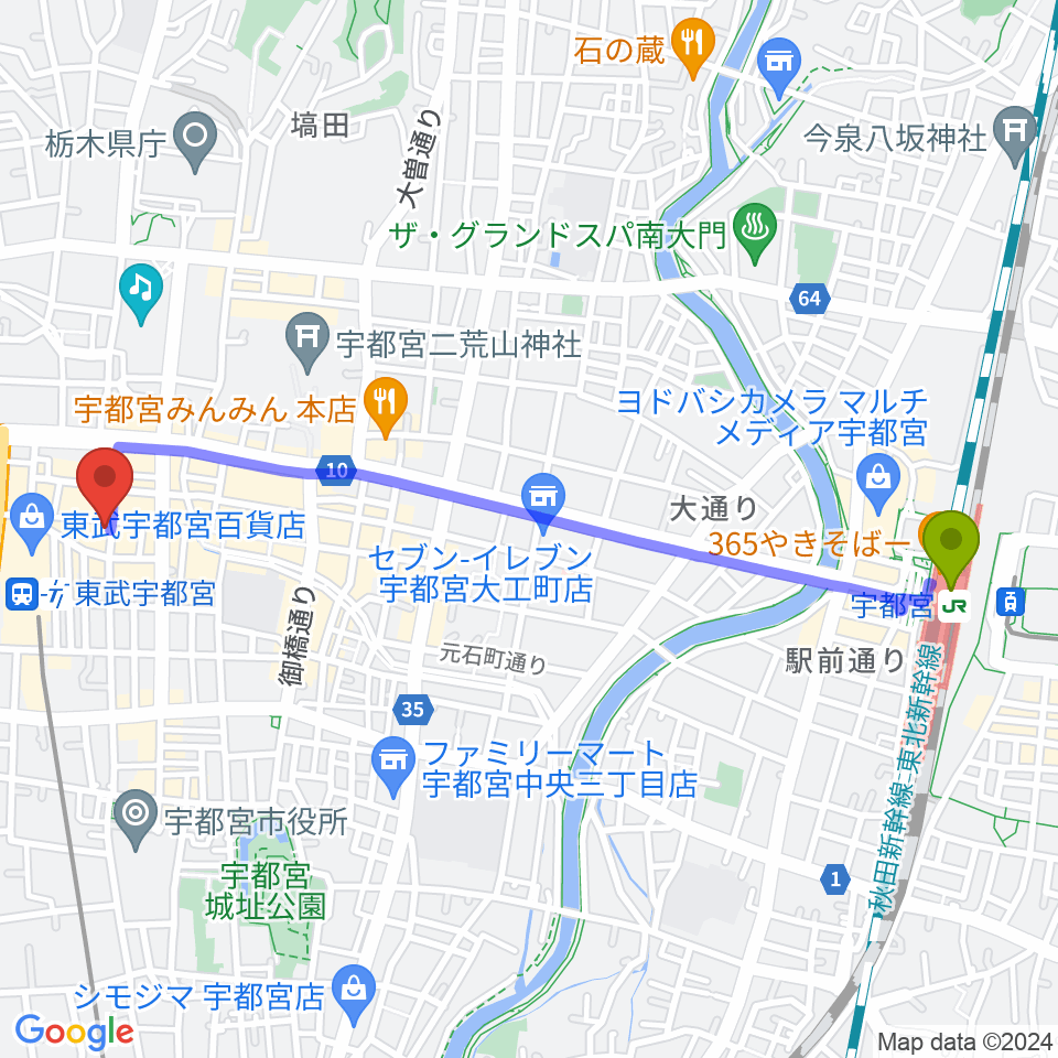 宇都宮駅からミヤラジ 宇都宮コミュニティFMへのルートマップ地図