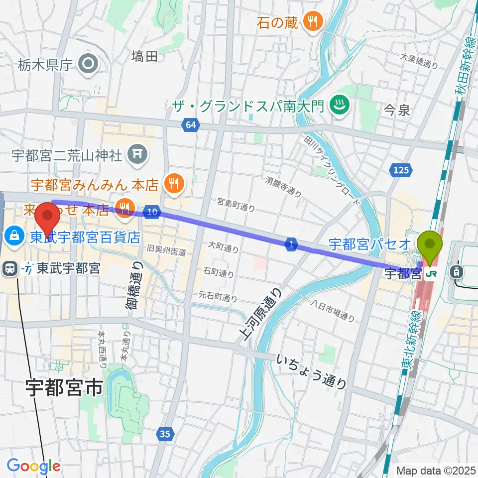 宇都宮駅からミヤラジ 宇都宮コミュニティFMへのルートマップ地図