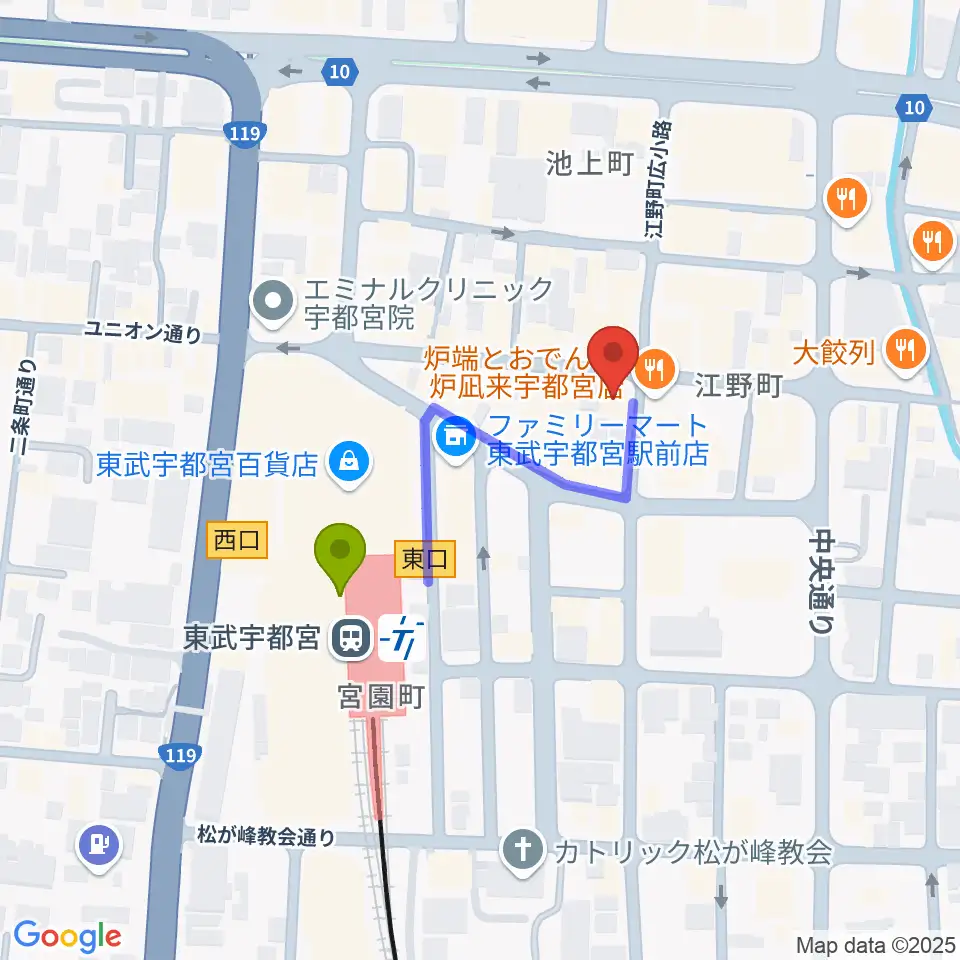 ミヤラジ 宇都宮コミュニティFMの最寄駅東武宇都宮駅からの徒歩ルート（約3分）地図