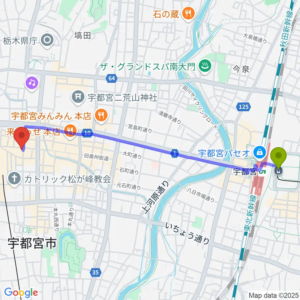 宇都宮駅東口駅からミヤラジ 宇都宮コミュニティFMへのルートマップ地図