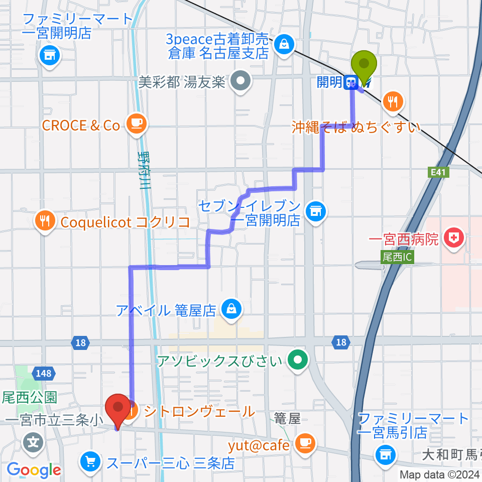 Guitar Shop SOUNDNINEの最寄駅開明駅からの徒歩ルート（約27分）地図