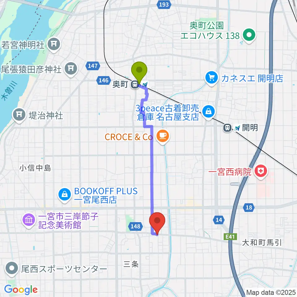 奥町駅からGuitar Shop SOUNDNINEへのルートマップ地図