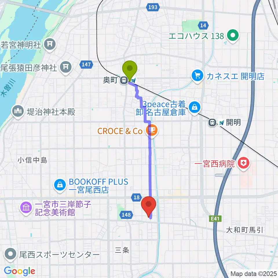 奥町駅からSOUNDNINEへのルートマップ地図
