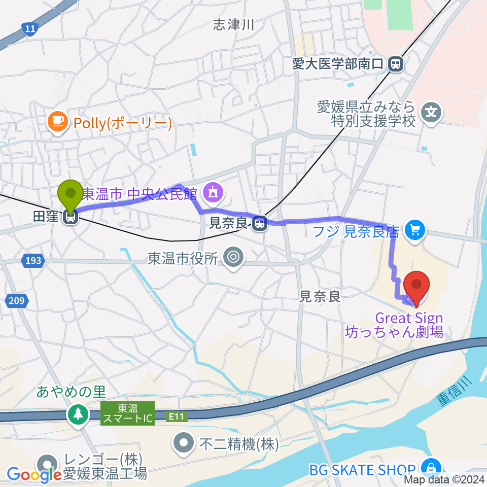 田窪駅からGreat Sign 坊っちゃん劇場へのルートマップ地図