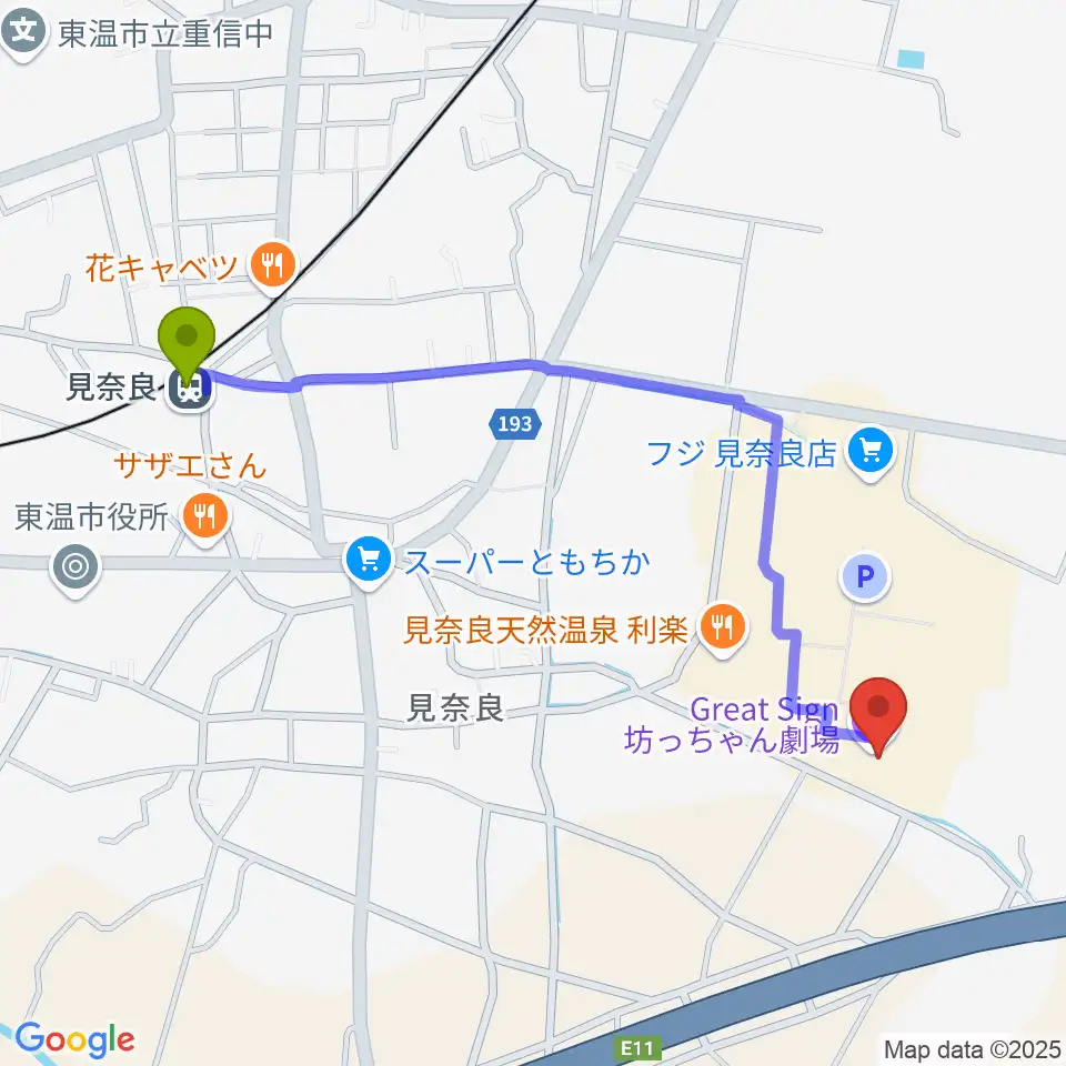 Great Sign 坊っちゃん劇場の最寄駅見奈良駅からの徒歩ルート（約12分）地図