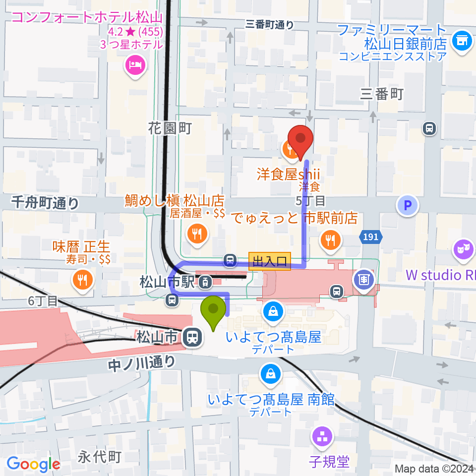 SING OUTの最寄駅松山市駅からの徒歩ルート（約3分）地図