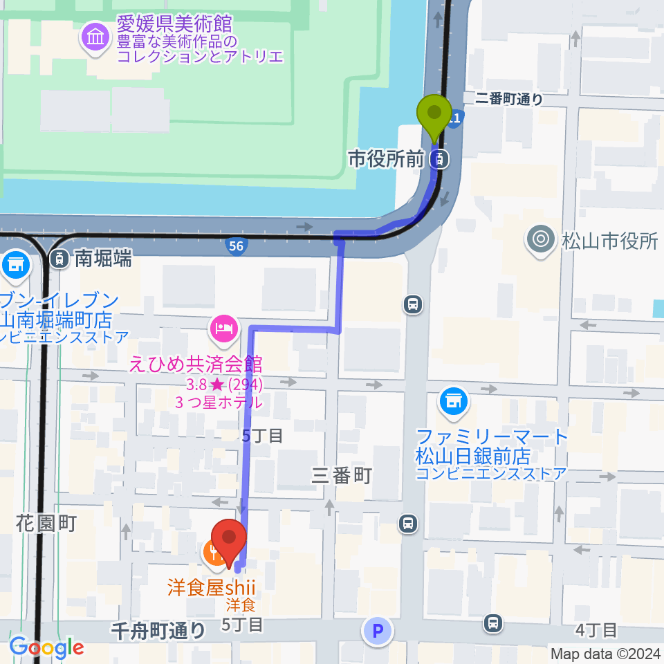 市役所前駅からSING OUTへのルートマップ地図