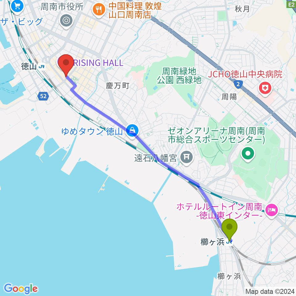 櫛ケ浜駅から周南LIVE TAKUへのルートマップ地図