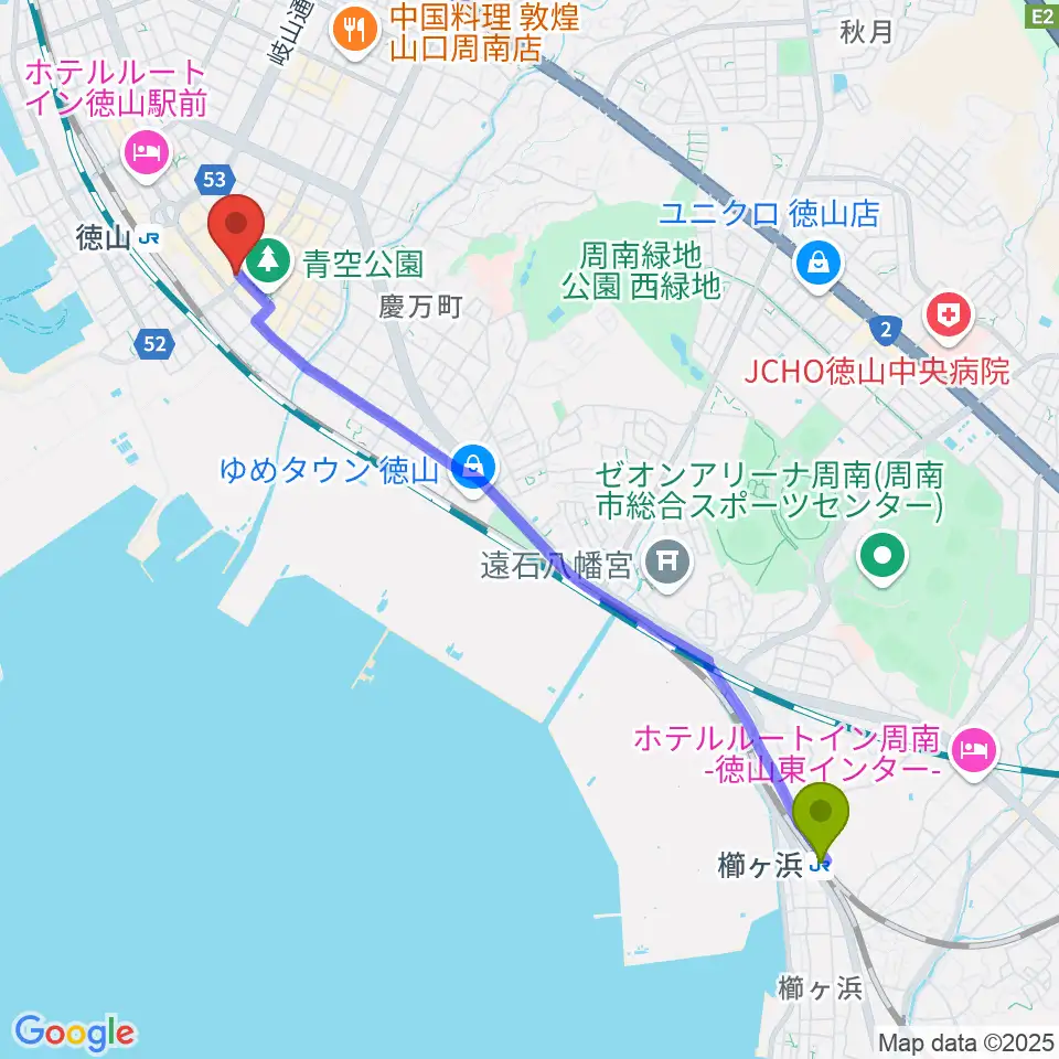 櫛ケ浜駅から周南LIVE TAKUへのルートマップ地図