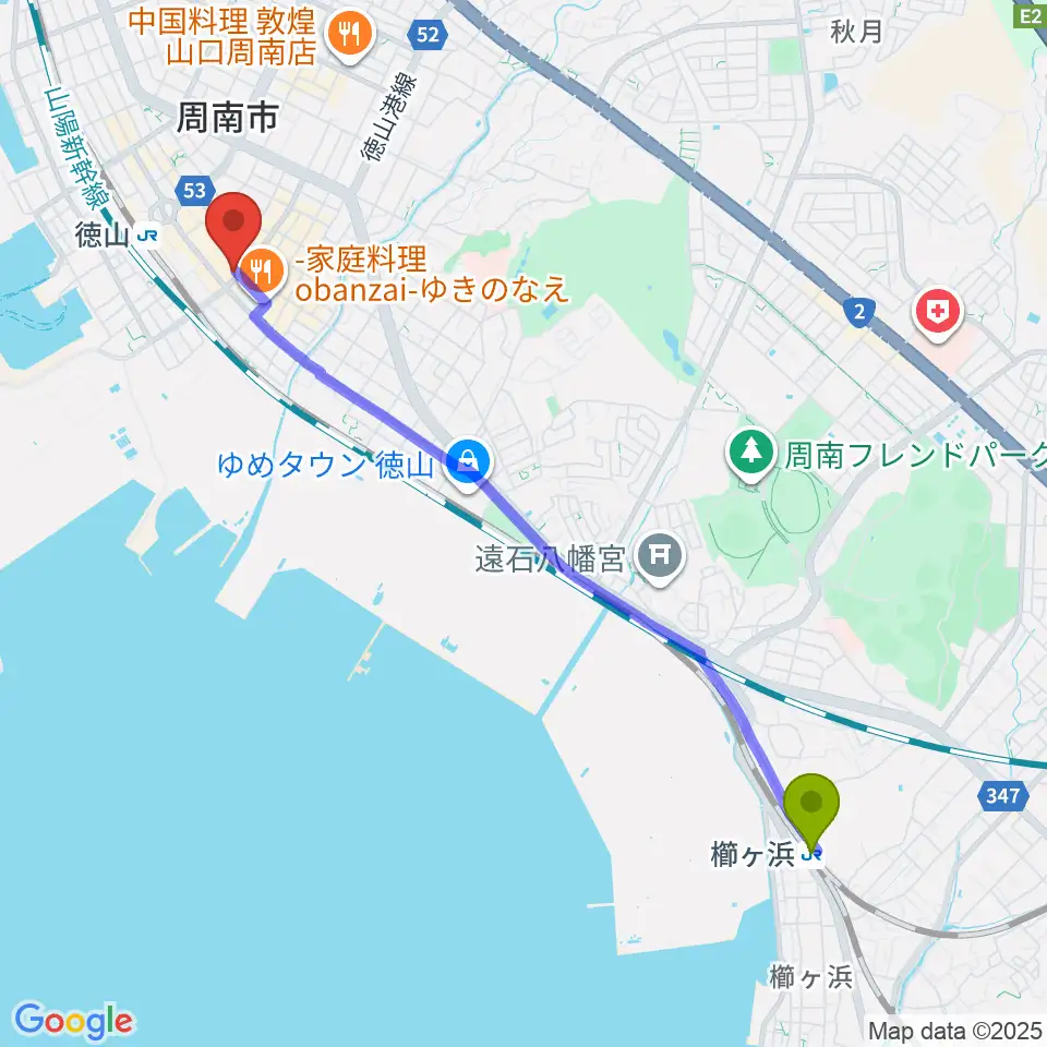 櫛ケ浜駅から周南LIVE TAKUへのルートマップ地図