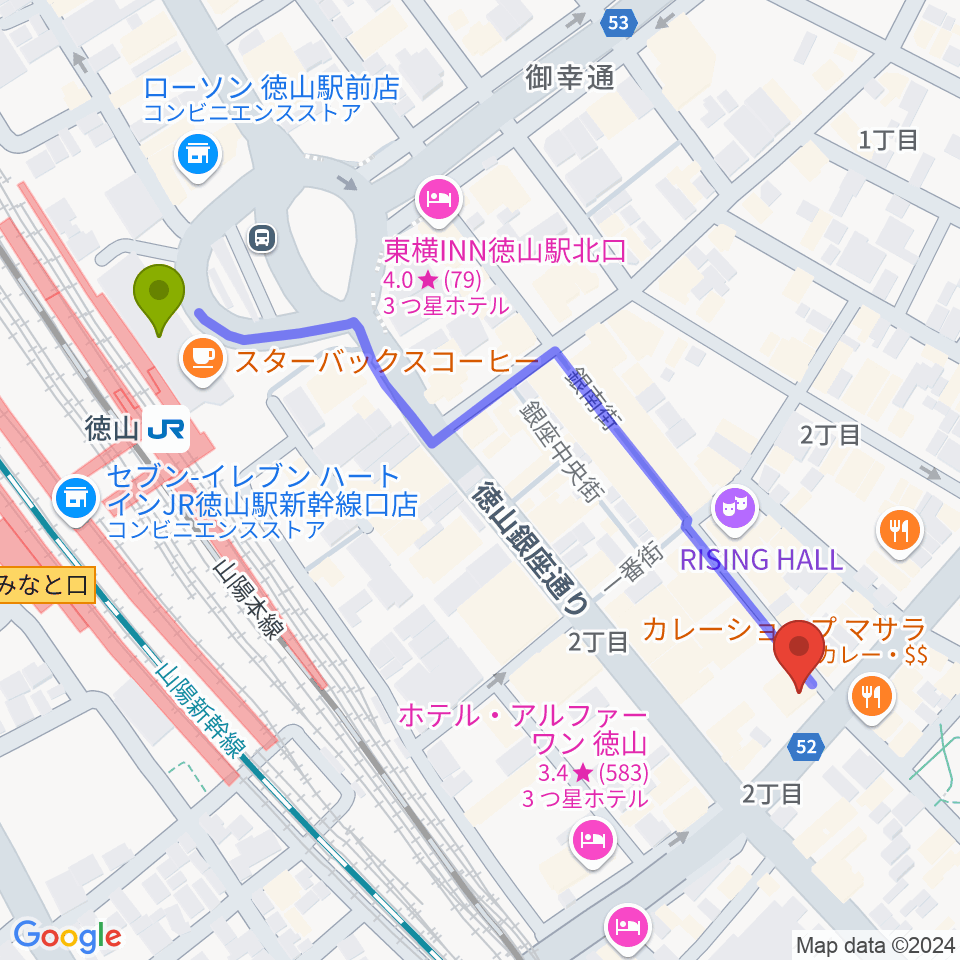 周南LIVE TAKUの最寄駅徳山駅からの徒歩ルート（約6分）地図