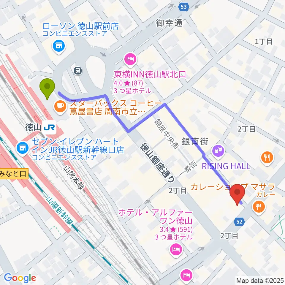 周南LIVE TAKUの最寄駅徳山駅からの徒歩ルート（約6分）地図