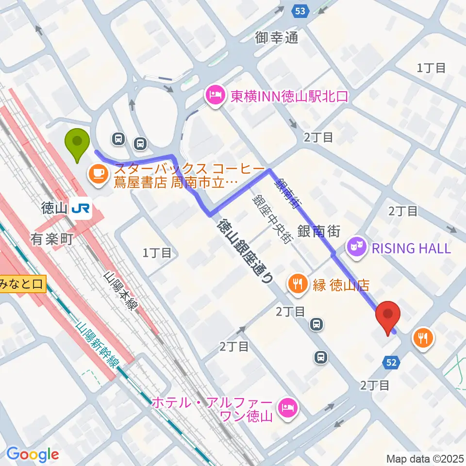 周南LIVE TAKUの最寄駅徳山駅からの徒歩ルート（約6分）地図