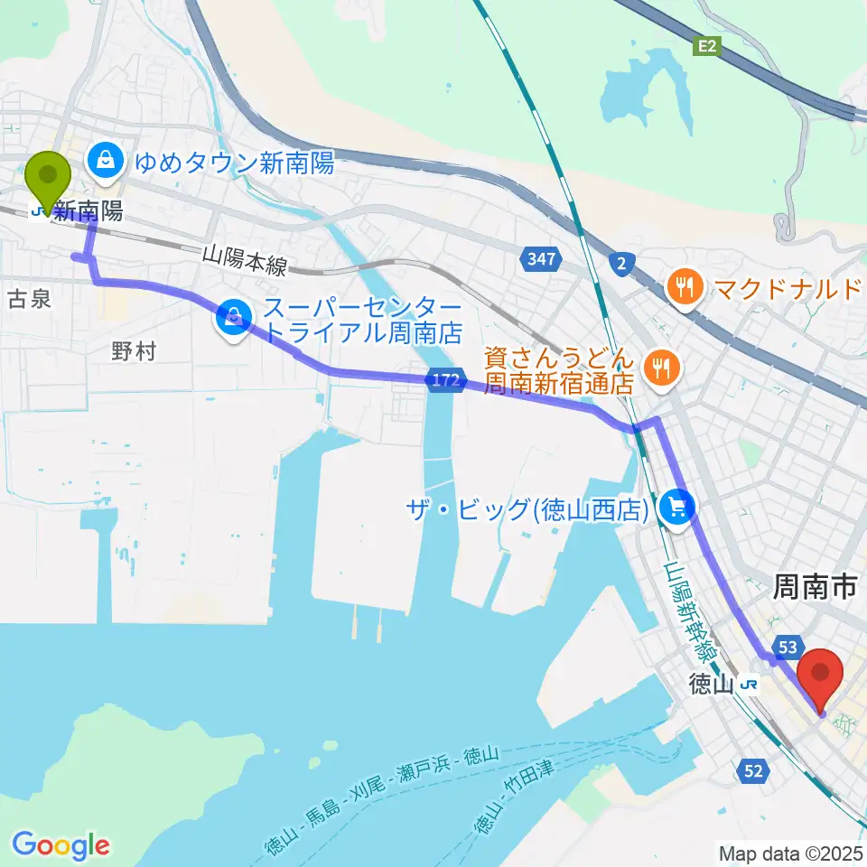 新南陽駅から周南LIVE TAKUへのルートマップ地図
