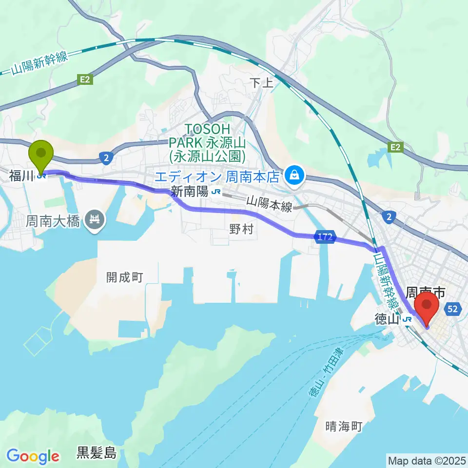 福川駅から周南LIVE TAKUへのルートマップ地図