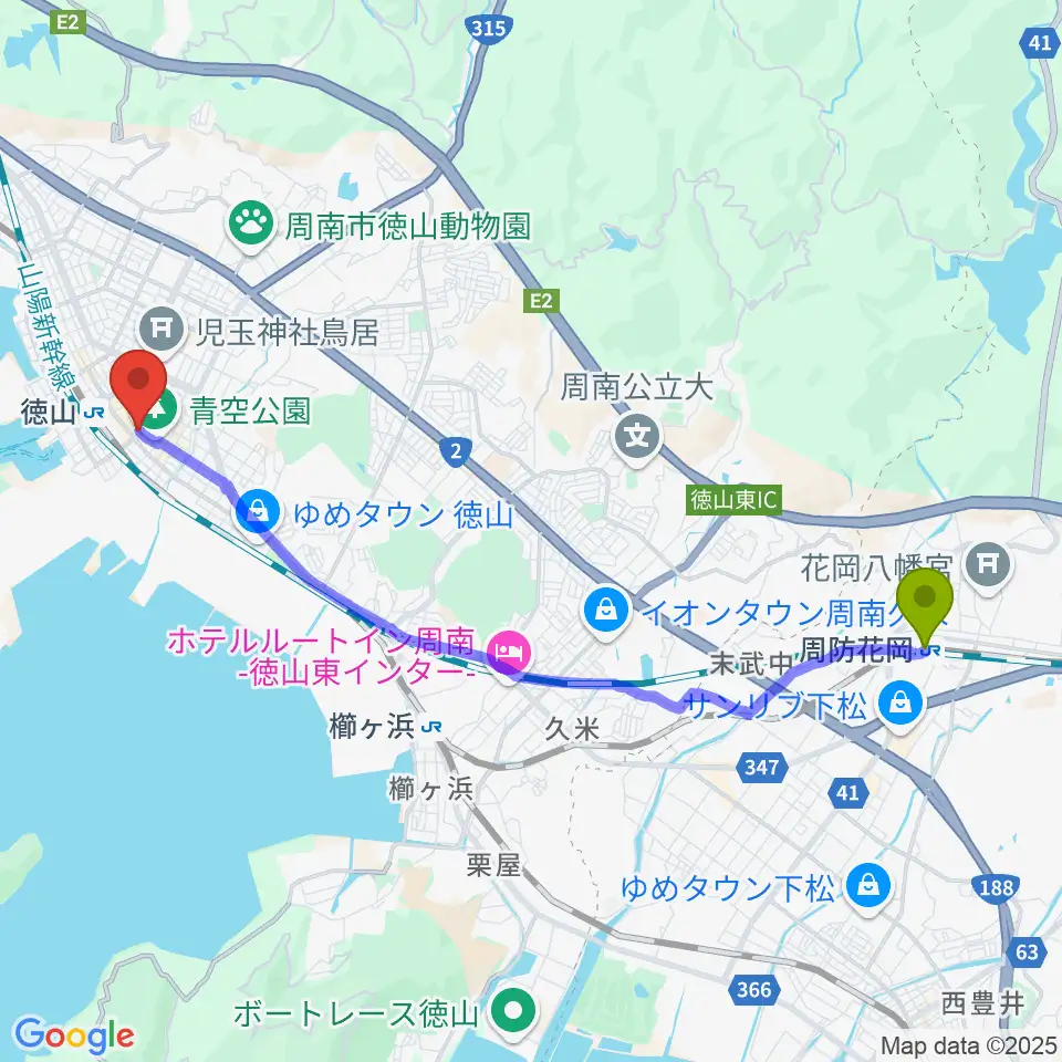 周防花岡駅から周南LIVE TAKUへのルートマップ地図