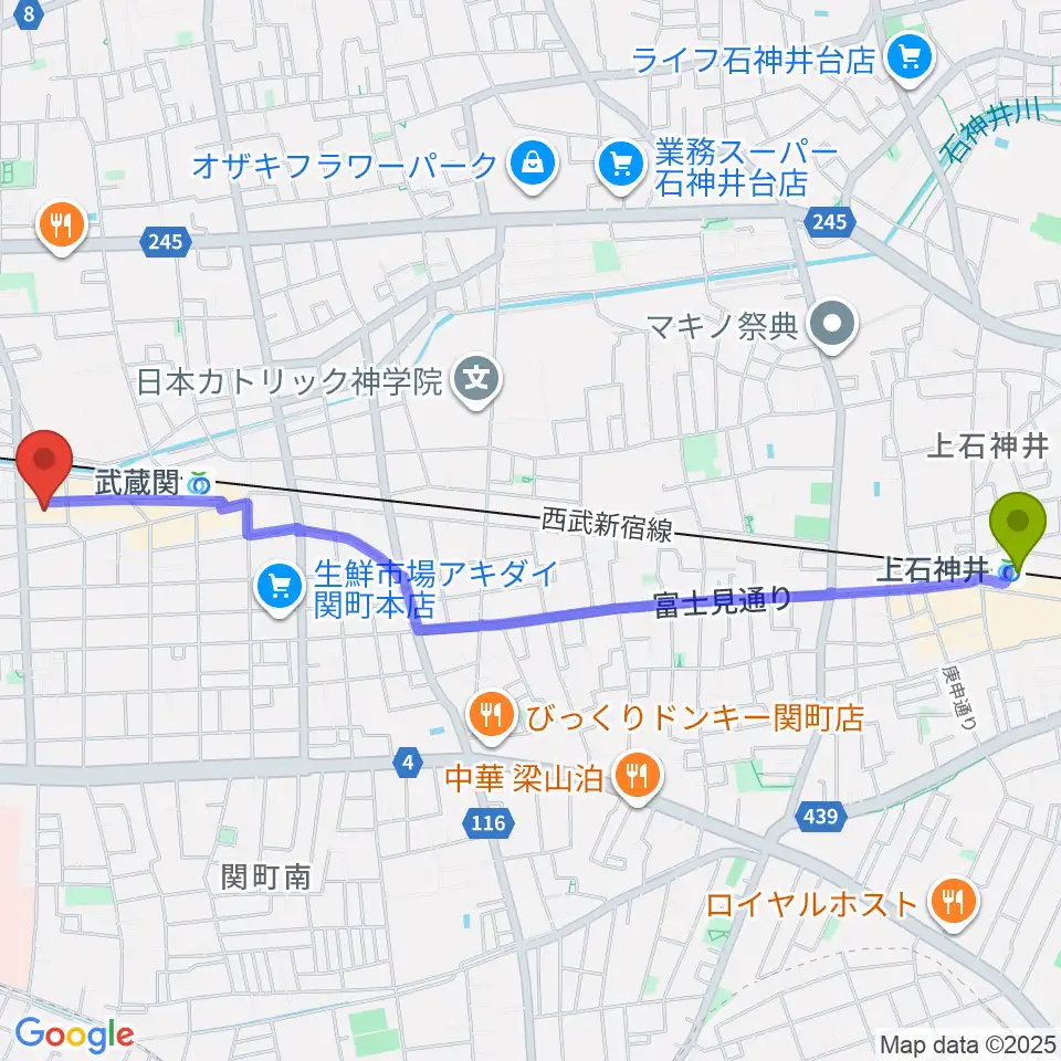 上石神井駅から武蔵関おんがく教室へのルートマップ地図