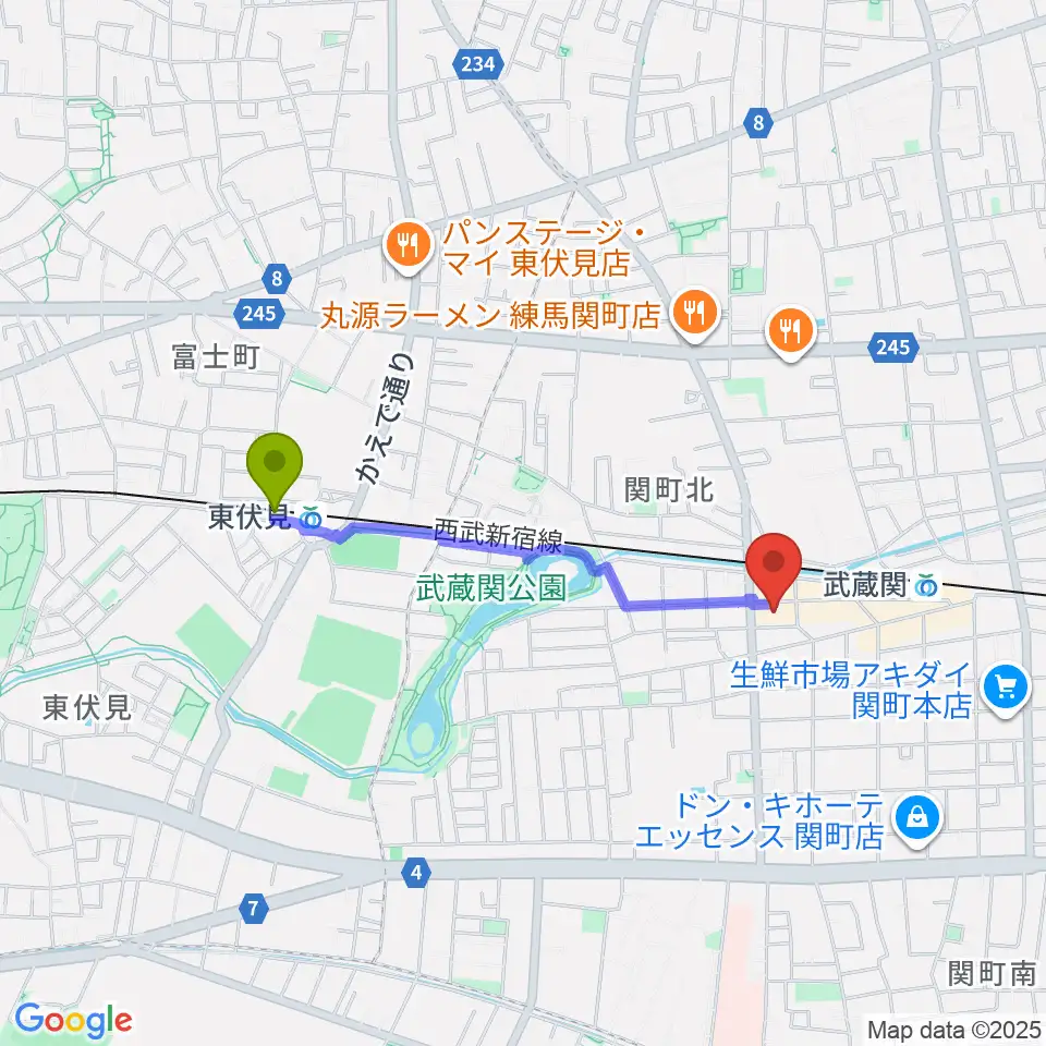 東伏見駅から武蔵関おんがく教室へのルートマップ地図