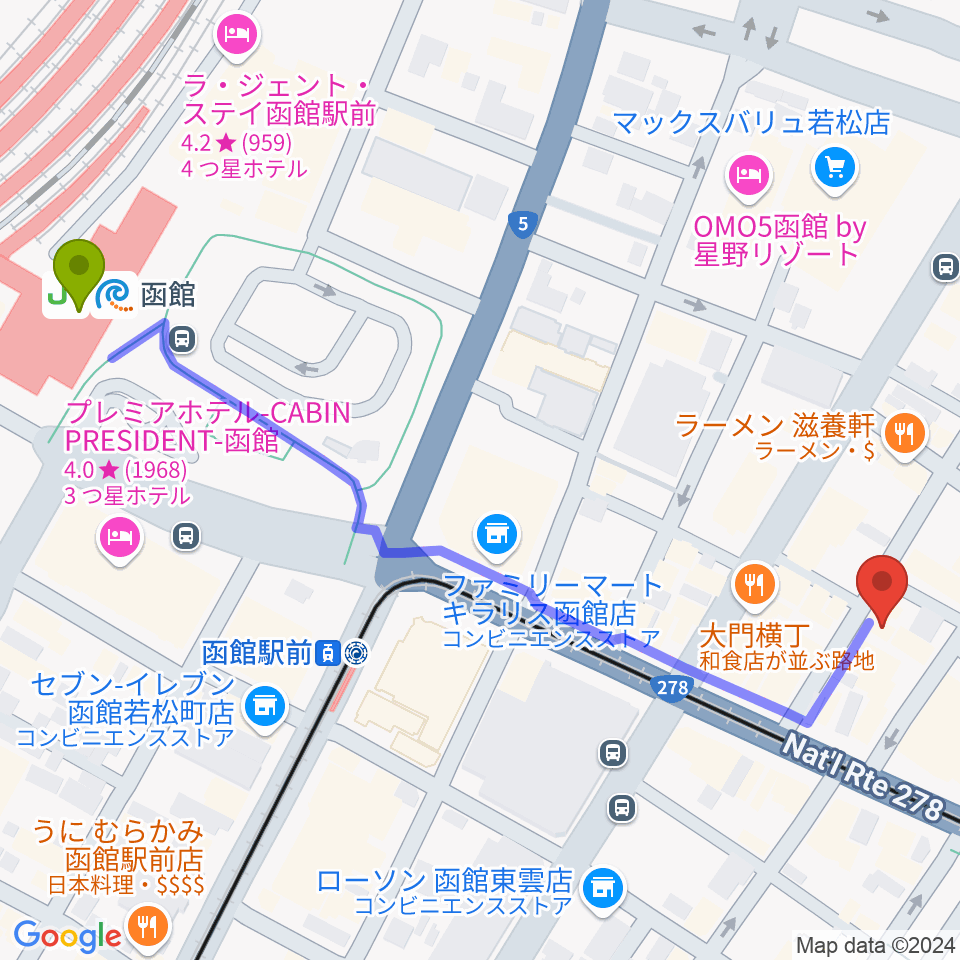 函館駅から函館あうん堂ホールへのルートマップ地図