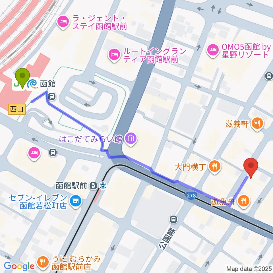函館駅から函館あうん堂ホールへのルートマップ地図