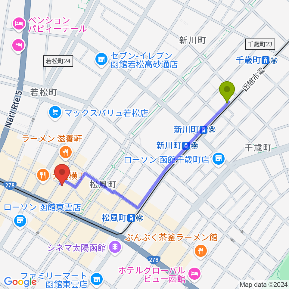 新川町駅から函館あうん堂ホールへのルートマップ地図