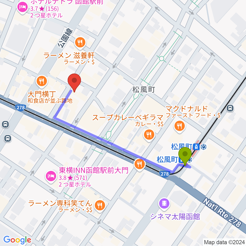 函館あうん堂ホールの最寄駅松風町駅からの徒歩ルート（約4分）地図